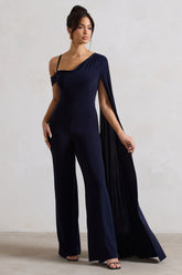 Navy Asymmetric Draped Straight-Leg Jumpsuit With Cape Sleeve